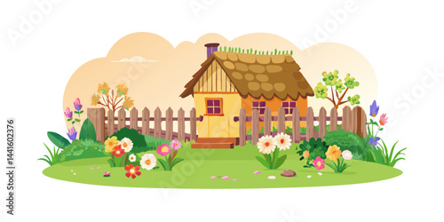 Cute thatched roof cottage with flower garden