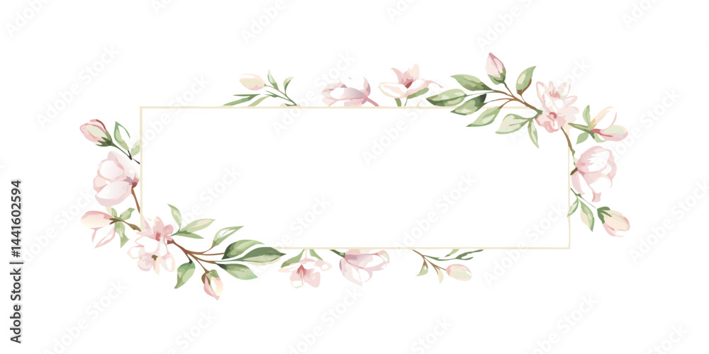 Rectangular magnolia floral frame with soft pink blooms Rectangular magnolia floral frame with soft pink blooms