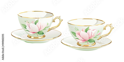 Two floral teacups with gold rim illustration
