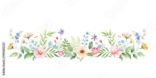 Horizontal watercolor wildflower border illustration