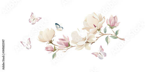 White magnolia branch with butterflies watercolor style