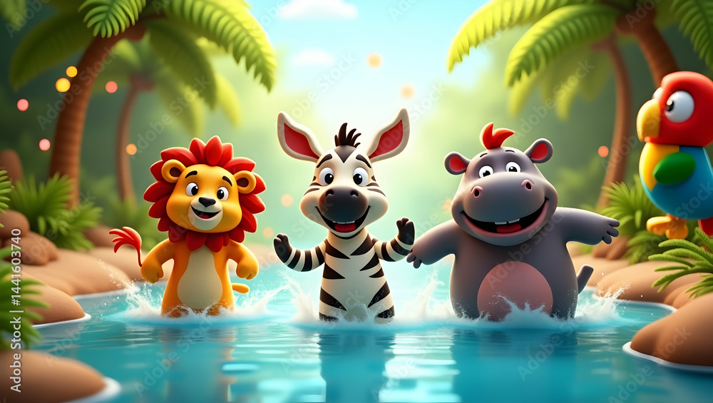 Naklejka premium Playful safari friends frolic in jungle pool