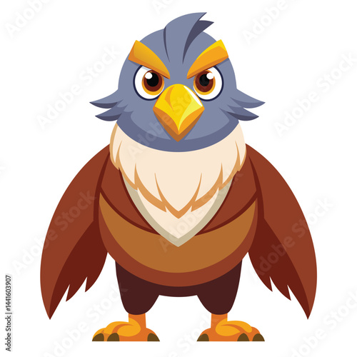 A cartoon eagle stands upright with a determined expression, showcasing detailed feathers and a strong posture. Ideal for engaging children in learning or storytelling.