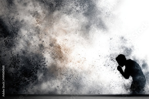 Coughing Silhouette Fades Into Swirling Smoke Particles Reflecting Deep Emotion and Despair in a Darkened Space