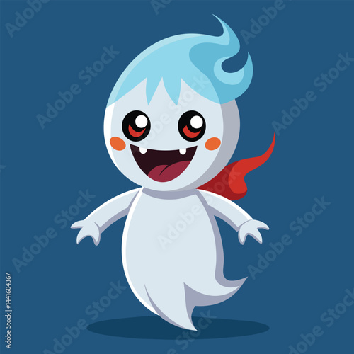 A lively cartoon ghost with a vibrant blue hairstyle and a playful red cape portrays joy. Its expressive face and dynamic pose suggest a fun, imaginative character design for children.