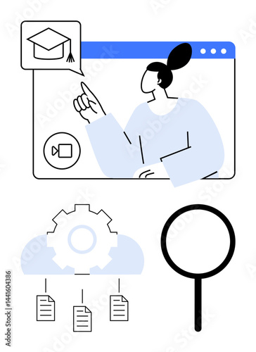 Person attending online class, academic icon, cloud gear linking documents, magnifying glass. Ideal for education, technology, e-learning, research data sharing productivity innovation. Flat
