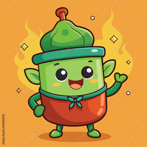 A cheerful cartoon character wearing a green cap and red apron stands against an orange backdrop, waving with a friendly smile full of energy and charm.