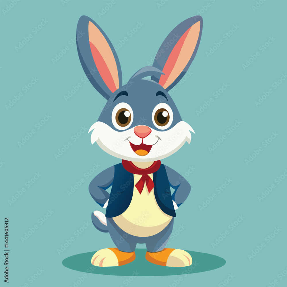 Fototapeta premium A cheerful cartoon rabbit poses with its hands on its hips, dressed in a stylish blue vest and red bow tie, set against a calming light green background.