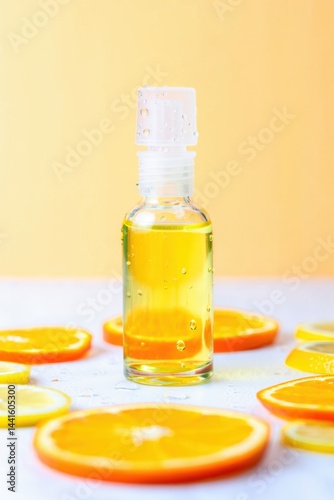 Small glass bottle of yellow citrus essential oil surrounded by fresh orange and lemon slices on a bright yellow background, representing aromatherapy and natural skincare.
