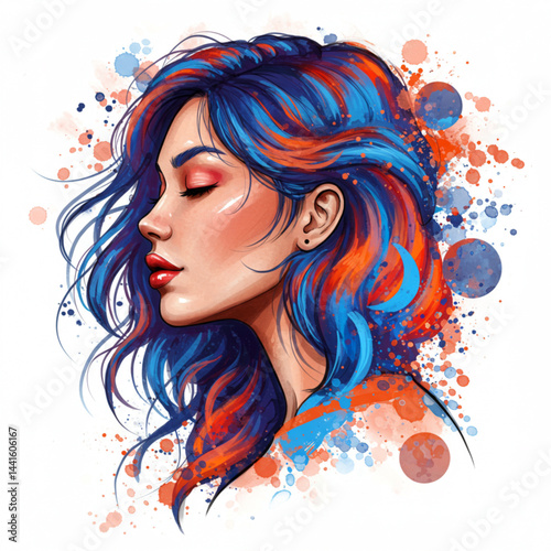  Vibrant Colorful Side Profile Portrait – Artistic Illustration with Flowing Hair and Illustration Splashes