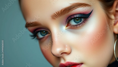Close up beauty portrait of a young girl wearing fashionable make-up