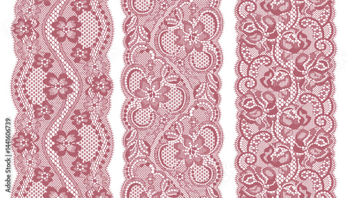 Three narrow strips of red lace trim with floral pattern, arranged facing each other. 