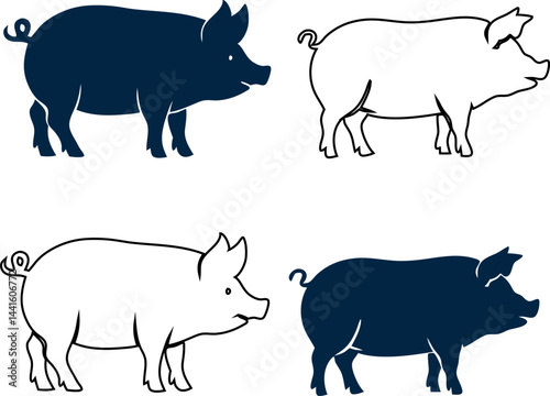 Pig silhouette and line vectors set. black outlined farm animals profile isolated on a white background. Perfect for farming, wildlife, pets, or agriculture illustrations.