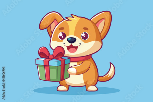 A cheerful cartoon corgi stands with a wrapped gift box, showcasing excitement and joy. The light blue background enhances the playful and festive atmosphere.