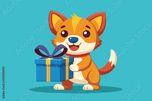 A cute dog with orange and white fur smiles happily while holding a small blue gift box tied with a ribbon, conveying a festive spirit of celebration.