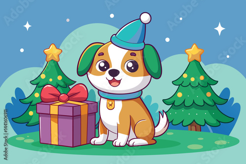 A delighted cartoon dog with a floppy hat poses next to a purple gift box adorned with a red bow, surrounded by cheerful holiday trees under a starry sky.