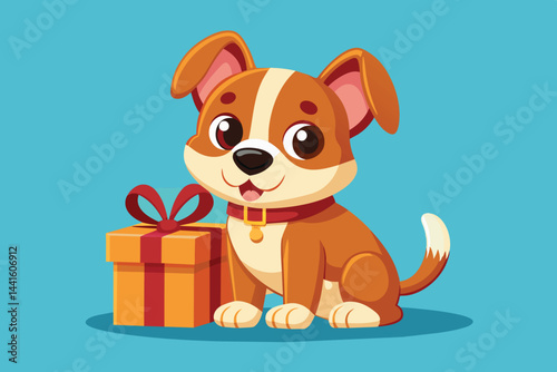A cheerful cartoon dog with big eyes and a playful expression sits beside a beautifully wrapped gift box, hinting at joy and celebration.
