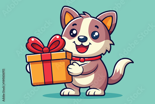 A cheerful cartoon dog stands happily with a colorful gift box adorned with a red bow, radiating joy in a light blue backdrop.