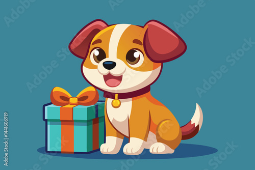 A playful cartoon dog with big eyes and floppy ears sits happily next to a bright blue gift box adorned with an orange bow, radiating joy and celebration.