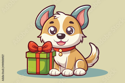 A friendly cartoon dog sits next to a brightly wrapped gift box adorned with a red bow, radiating happiness and playfulness in its expression.