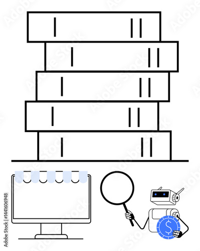 Robot uses magnifying glass to study books and a computer storefront, highlighting research, learning, technology, e-commerce, automation, knowledge, and analysis. Ideal for data or AI study flat