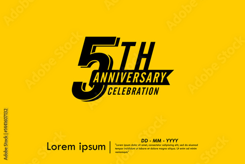 5th years anniversary celebration emblem. black logo isolated with ribbon on yellow background. vector illustration template design for web, flyers, poster, greeting card and invitation card