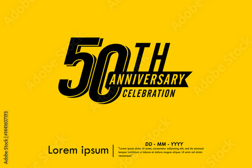 50th years anniversary celebration emblem. black logo isolated with ribbon on yellow background. vector illustration template design for web, flyers, poster, greeting card and invitation card