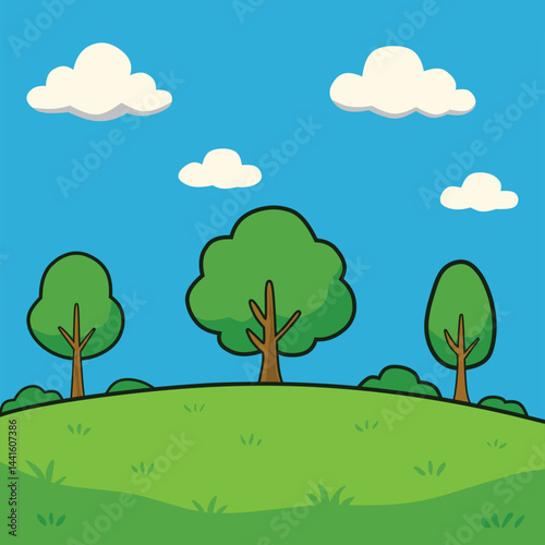 Simple Green Landscape Vector Illustration Featuring Rolling Hills Three Trees and White Puffy Clouds