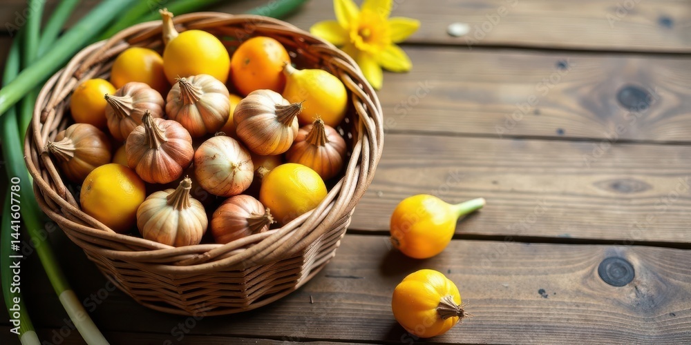 A wicker basket brimming with a harvest of small, yellow gourds and brown onions, complemented by vibrant green scallions and a cheerful yellow daffodil, rests on a rustic wooden surface. A wicker basket brimming with a harvest of small, yellow gourds and brown onions, complemented by vibrant green scallions and a cheerful yellow daffodil, rests on a rustic wooden surface.