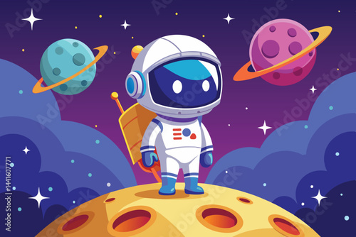 An astronaut stands atop a moon's surface, gazing at colorful planets and sparkling stars in a whimsical cosmic environment, evoking a sense of wonder and adventure.