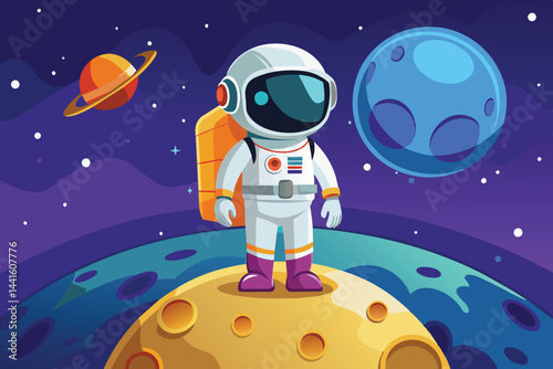 An astronaut in a spacesuit explores a vibrant moon landscape, gazing at colorful planets and shimmering stars in a stunning cosmic setting.