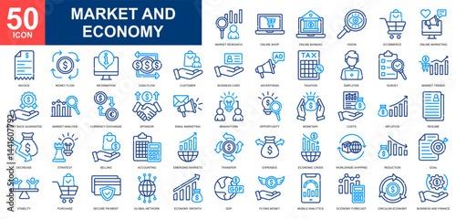 Market and Economy icon set collection. Market growth, market analysis, digital economy, global economy, cash flow icon. Simple line color vector.