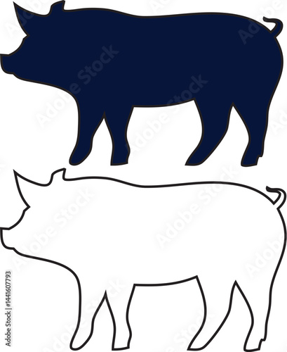 pig silhouette, outline vectors set. Side view profile of pork outline icon isolated on white. Simple farm animal shadow shape for farming, wildlife,