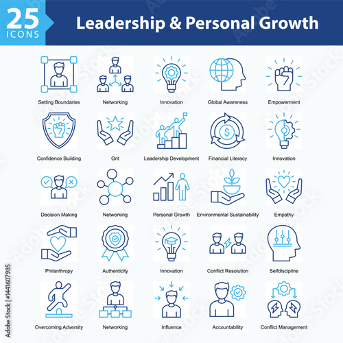 Leadership & Personal Growth is a collection of icons in sheet format illustrating self-development, leadership, decision-making, and global and social awareness throughout personal growth journeys.
