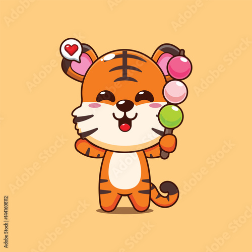Cute tiger cartoon vector illustration eating dango
