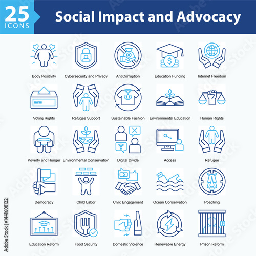 Social Impact & Advocacy is a collection of icons in sheet format illustrating global social issues, human rights movements, and sustainability campaigns supporting positive societal change.