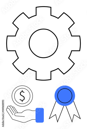 Gear as process symbol, hand holding dollar coin for funding, ribbon for achievement. Ideal for business strategy, innovation, funding, success, process management, teamwork simple landing page