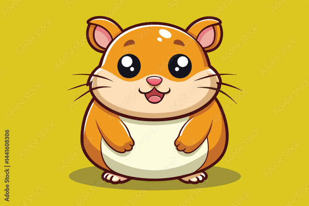 Fototapeta premium A charming cartoon hamster stands smiling, showcasing its round body and vibrant fur, creating a joyful and playful atmosphere on a yellow backdrop.