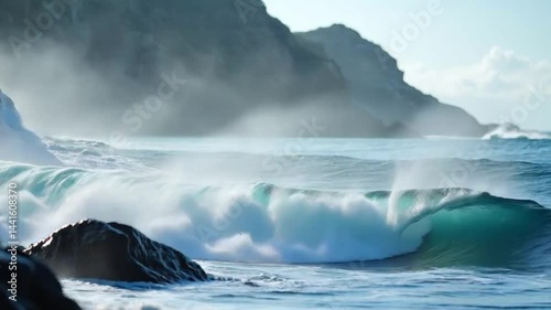 Dramatic ocean waves crashing against the rocky shore with misty mountains backdrop