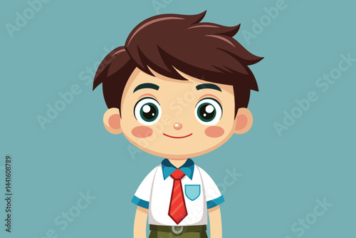 The schoolboy flashes a friendly smile while wearing a classic school uniform featuring a white shirt, red tie, and green pants, set against a cheerful blue background.
