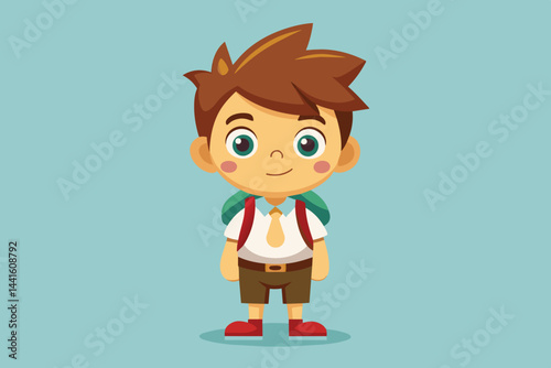 The young boy stands confidently with a bright smile, wearing a shirt, tie, shorts, and a backpack, showcasing excitement for exploration and adventure.