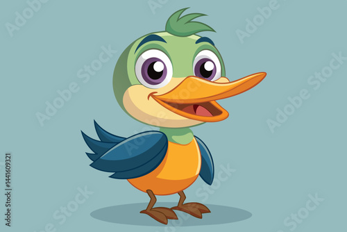A bright and friendly cartoon duck smiles widely, showcasing its colorful feathers and playful expression, creating a delightful atmosphere for children.