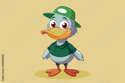 The cartoon duck, dressed in a green shirt and matching hat, showcases a lively and friendly demeanor, perfect for engaging kids and adding a fun element to designs.