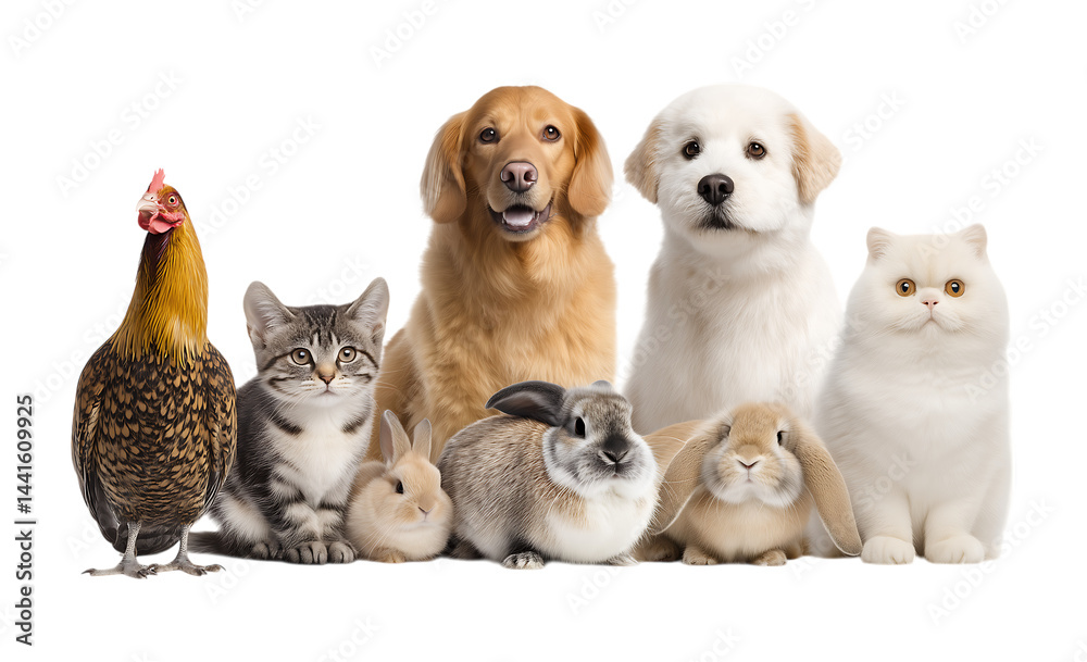 Fototapeta premium A group of different types of animals and pets sitting together on a transparent background