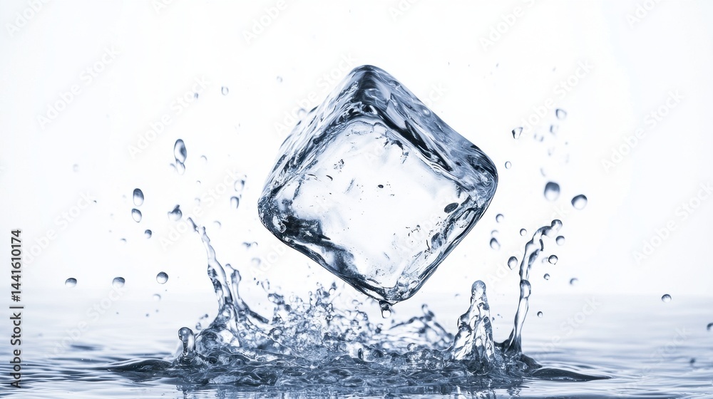 Close-up of an ice cube splashing into clear water with droplets, captured mid-air, against a white background. Close-up of an ice cube splashing into clear water with droplets, captured mid-air, against a white background.