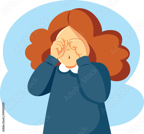 Sad Little Girl Rubbing her Eyes Vector Illustration. Small toddler child rubs his eyes from fatigue 
