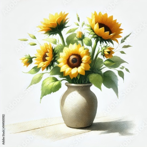 Wallpaper Mural Watercolor painting of a sunflower bouquet in a beige ceramic vase. On a white background. Torontodigital.ca