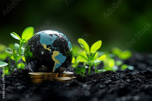 Sustainable investment concept with globe seedling and gold coins in soil