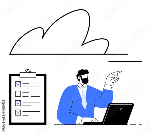 Cloud graphic, clipboard with checklist, and a professional using a laptop while pointing ahead. Ideal for teamwork, cloud computing, organization, task management, planning, workflow simple landing