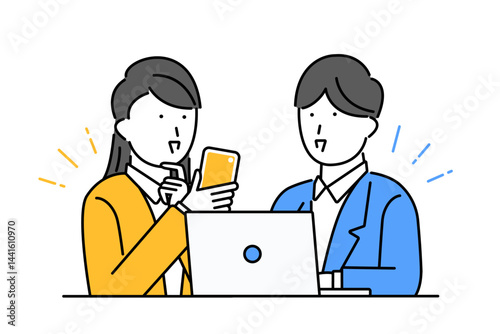 パソコンやスマホを使って調べものをしながら話し合うカップルのイラスト